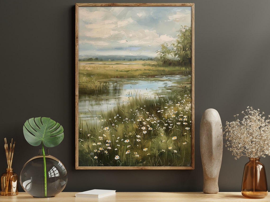 Tranquil River Meadow With Daisies Calm Waters Landscape Art Poster