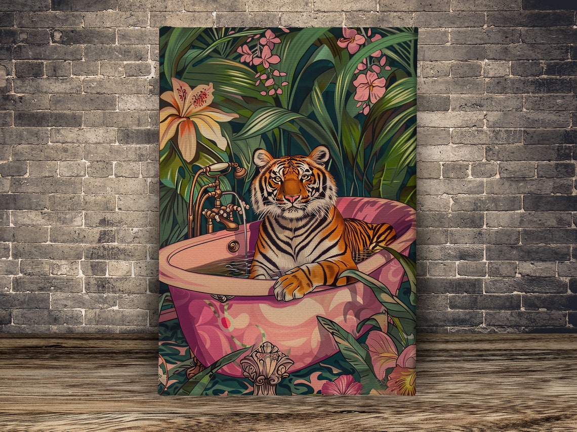 Tropical Tiger In Pink Bathtub Jungle Floral Art Maximalist Poster - Image 2