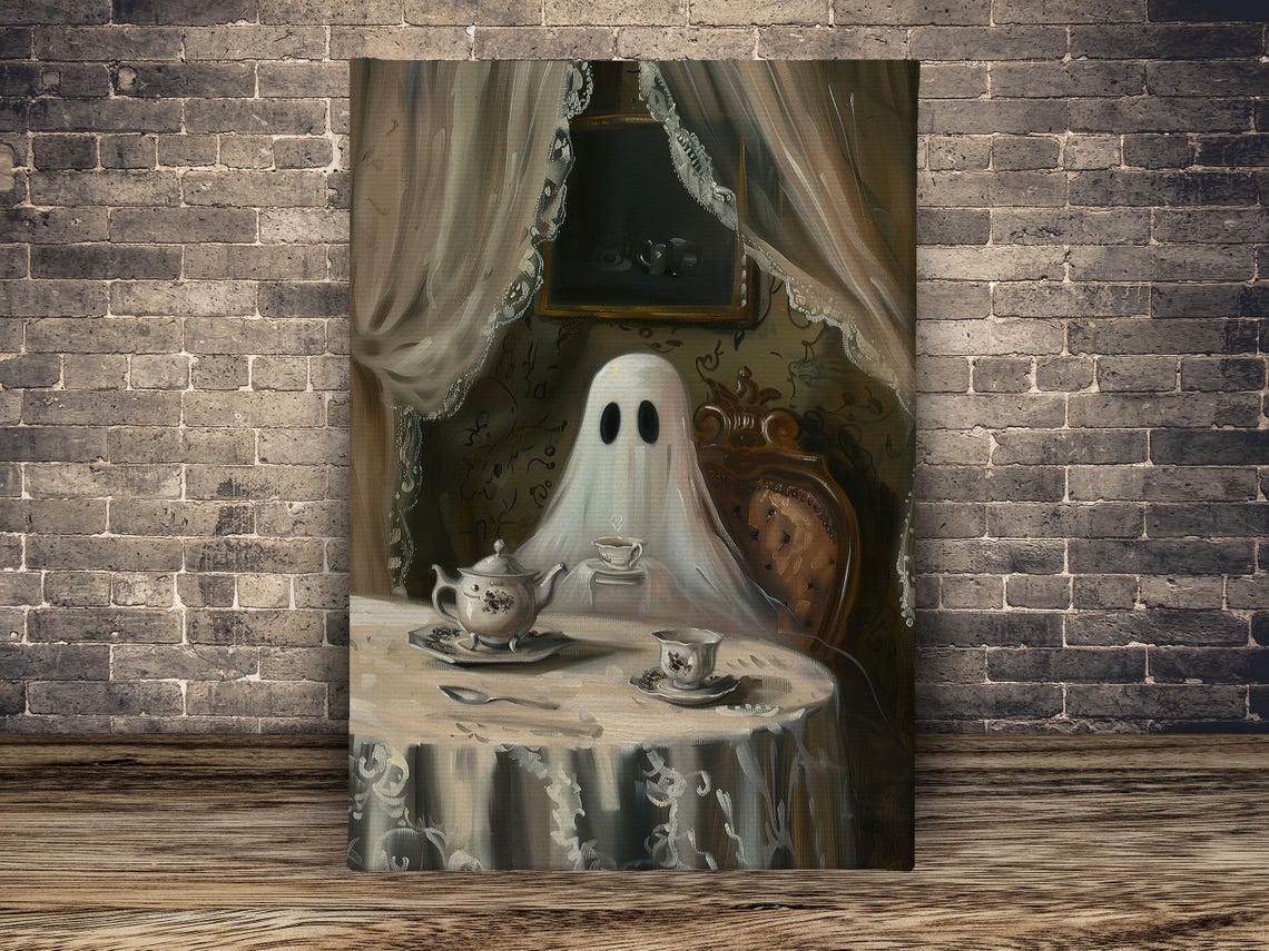 Cute Cottage Ghost Enjoying Tea at Victorian Table Halloween Poster - Image 2