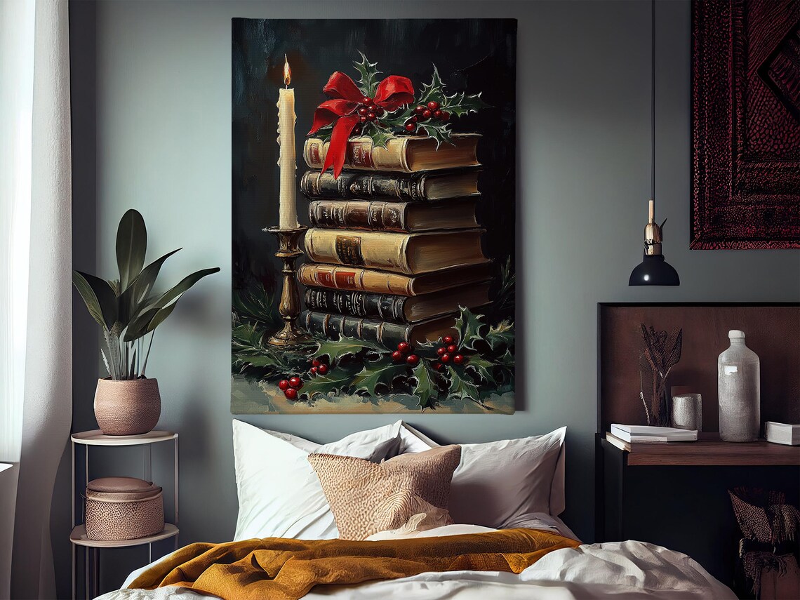 Vintage Christmas Candle and Books Poster Print - Image 3