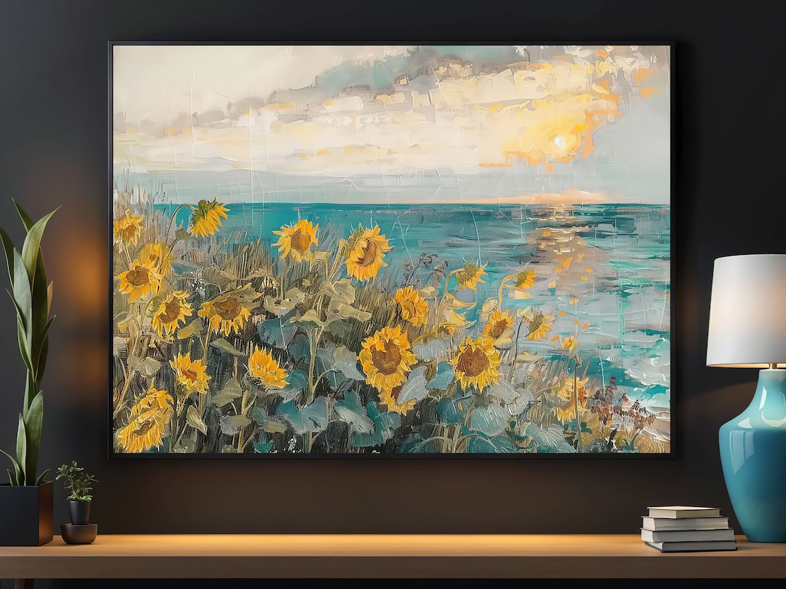 Vintage Sunflowers Field Art Print, Cottage Flowers