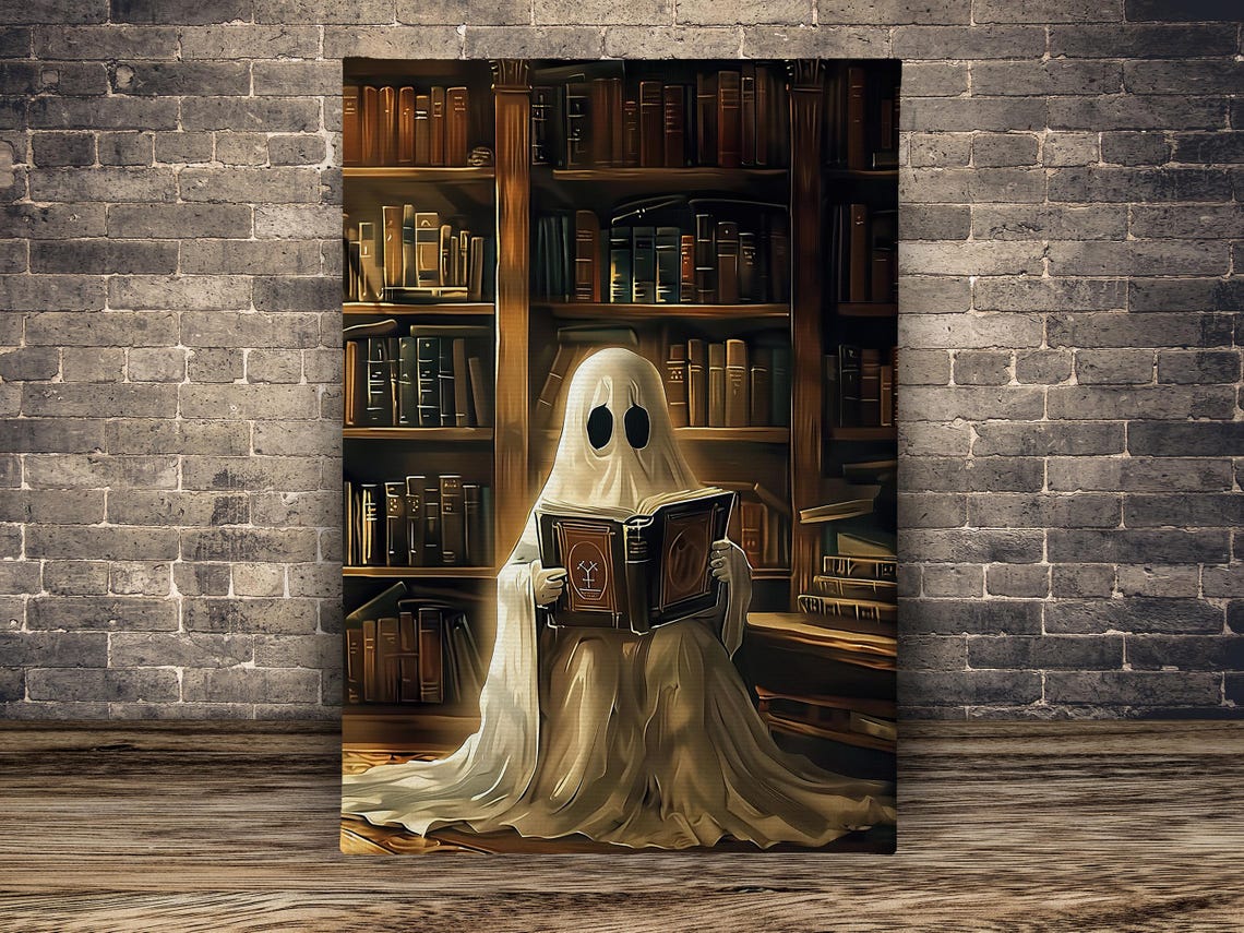 Ghost Reading Book In Grand Library Cozy Spooky Halloween Art Print - Image 2