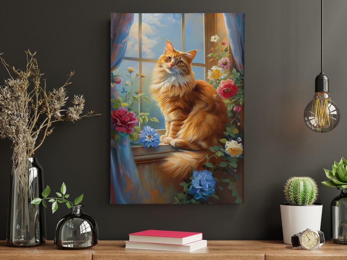 Fluffy Orange Cat On Flower Filled Windowsill Spring Window Poster - Image 4