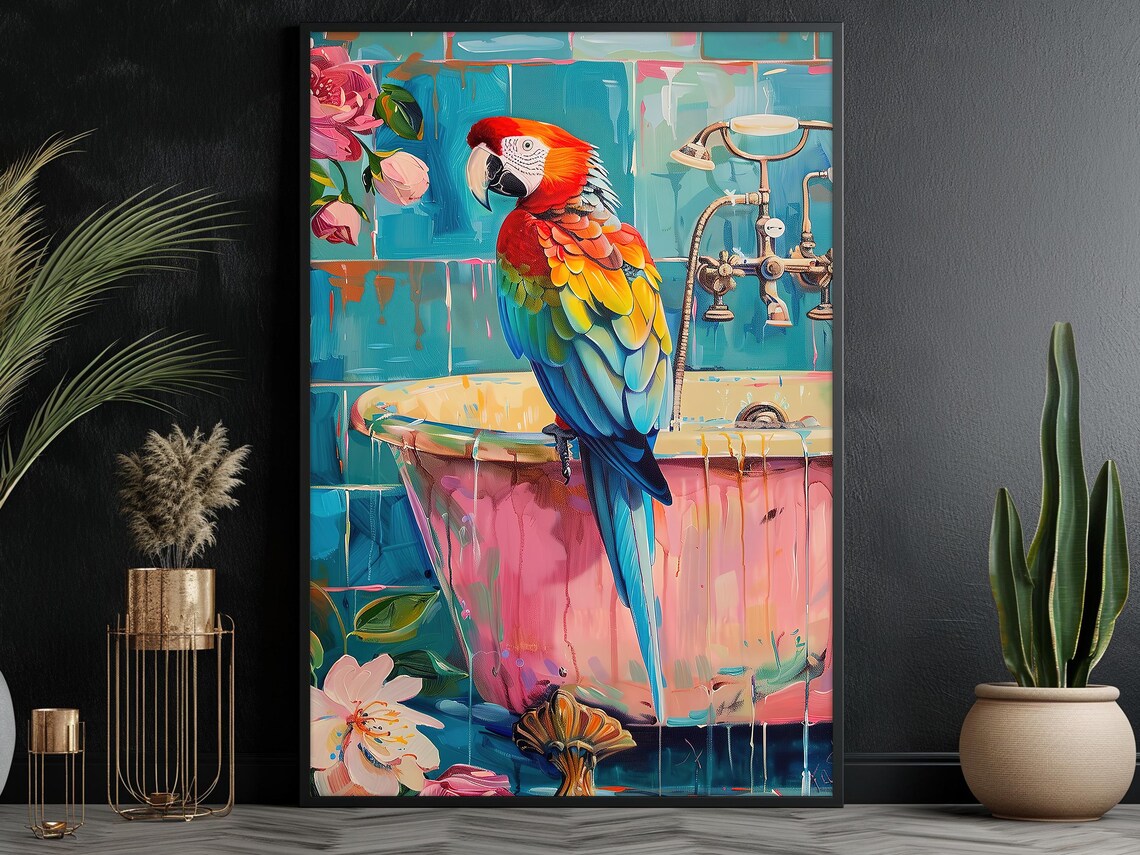Scarlet Macaw Parrot On Pink Bathtub Tropical Bathroom Art Print - Image 6