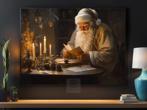 Vintage Santa Writes a Letter, Christmas Poster Print