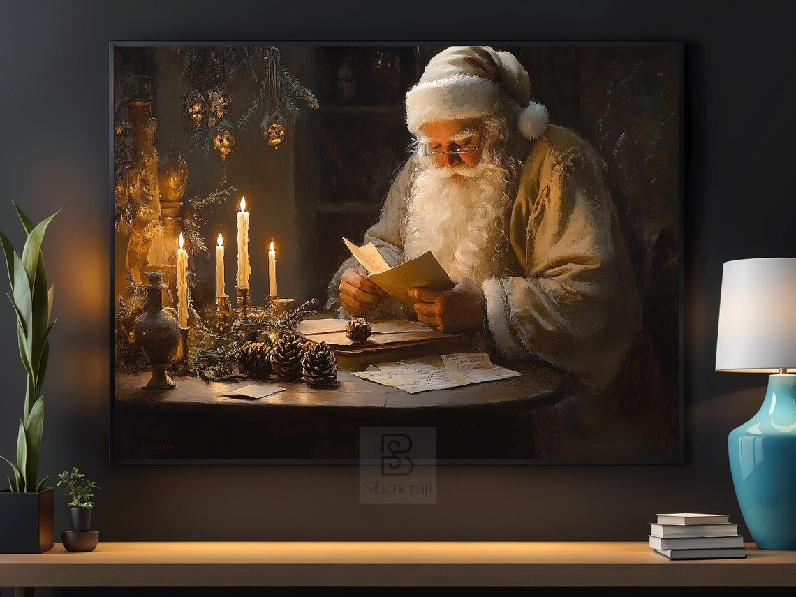 Vintage Santa Writes a Letter, Christmas Poster Print