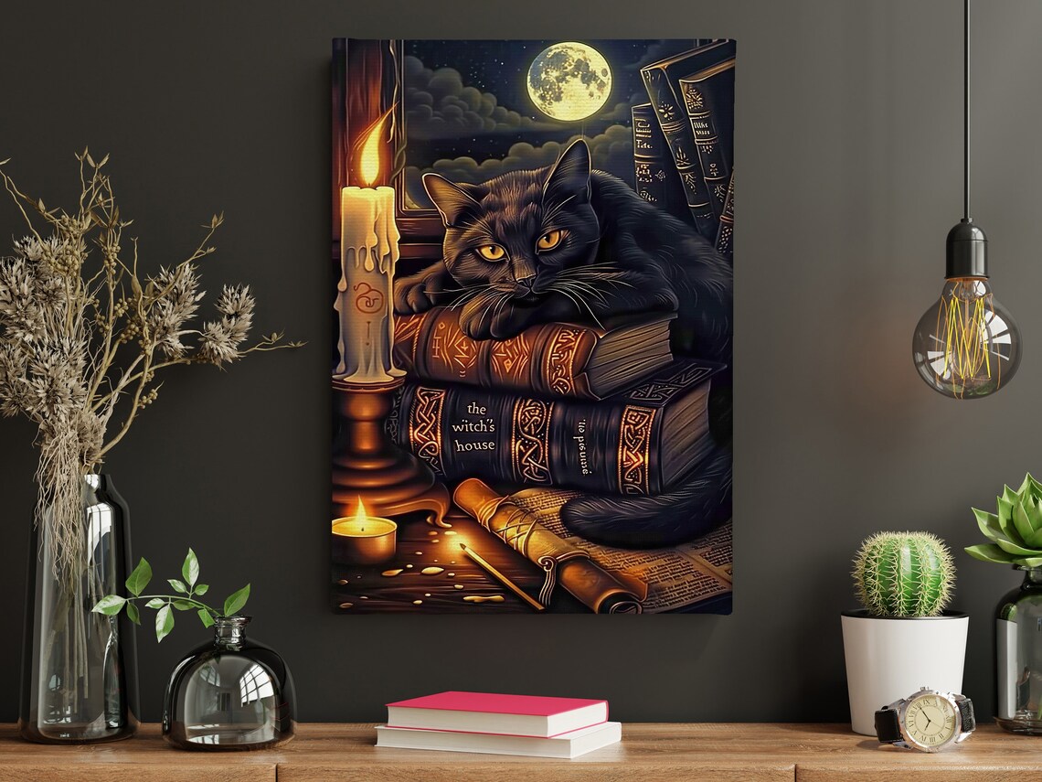 Cottage Black Cat Witch Painting, Retro Halloween Art Print - Image 3