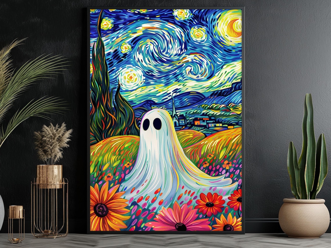 Starry Night Style Ghost in Colorful Flower Field Dreamy Art Poster