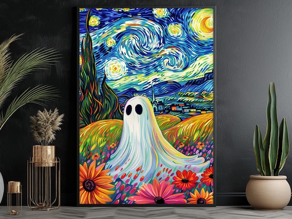 Starry Night Style Ghost in Colorful Flower Field Dreamy Art Poster