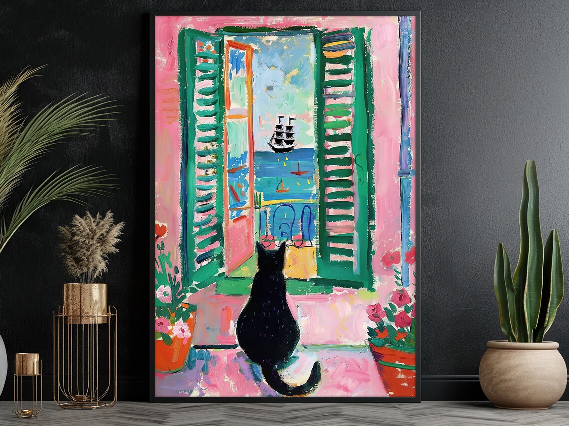 Vintage Black Cat by the Window, Matisse-Inspired Art Print - Image 3