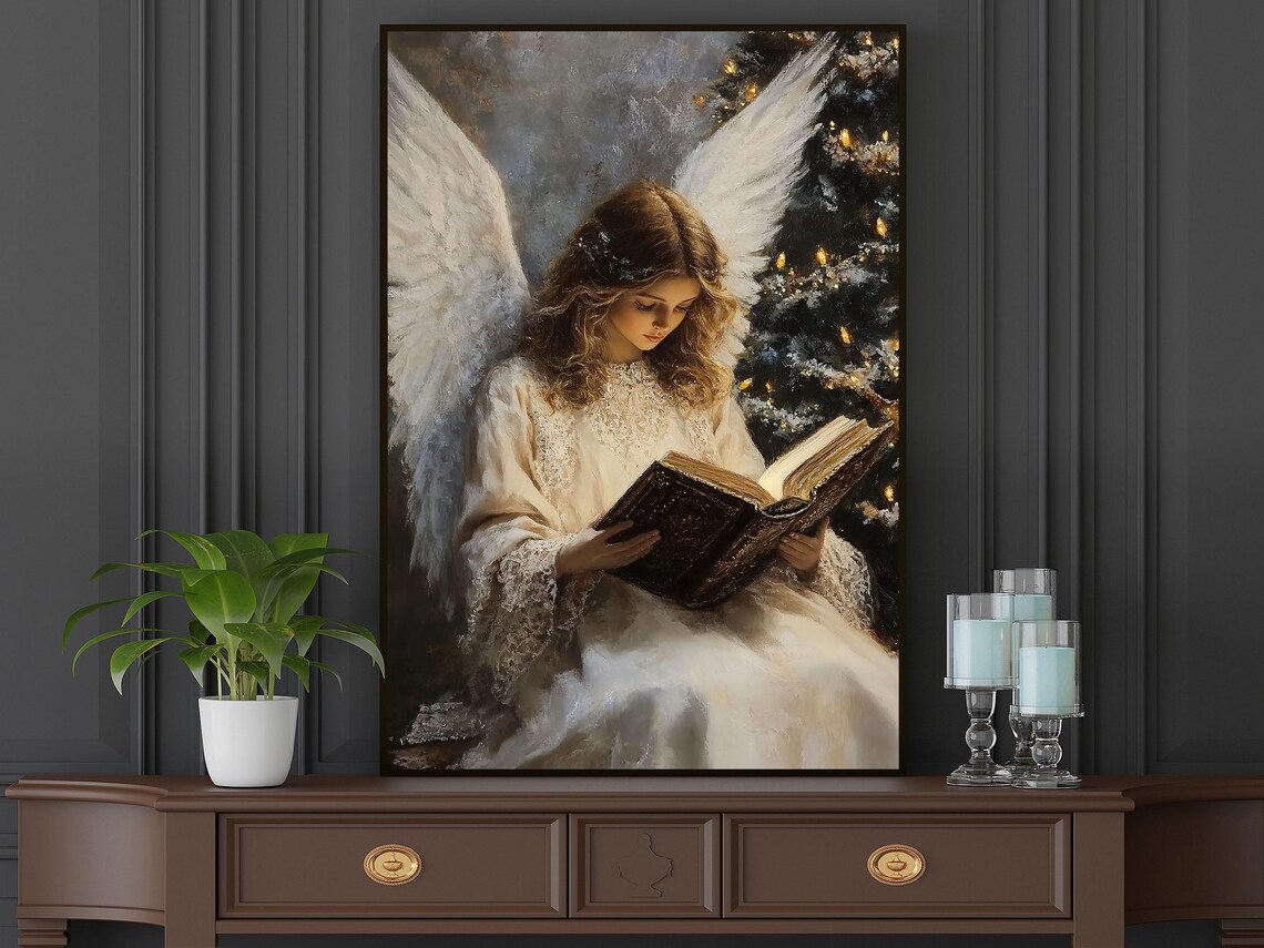 Angel Girl Reading Book Christmas Tree Lights Vintage Christian Art Painting Poster - Image 5