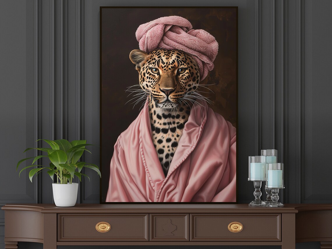 Leopard In Pink Bathrobe Towel Turban Funny Animal Portrait Humor Poster - Image 5