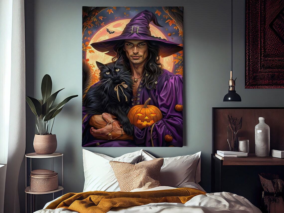 Male Witch Black Cat Pumpkin Harvest Moon Halloween Purple Robe Art Poster - Image 2