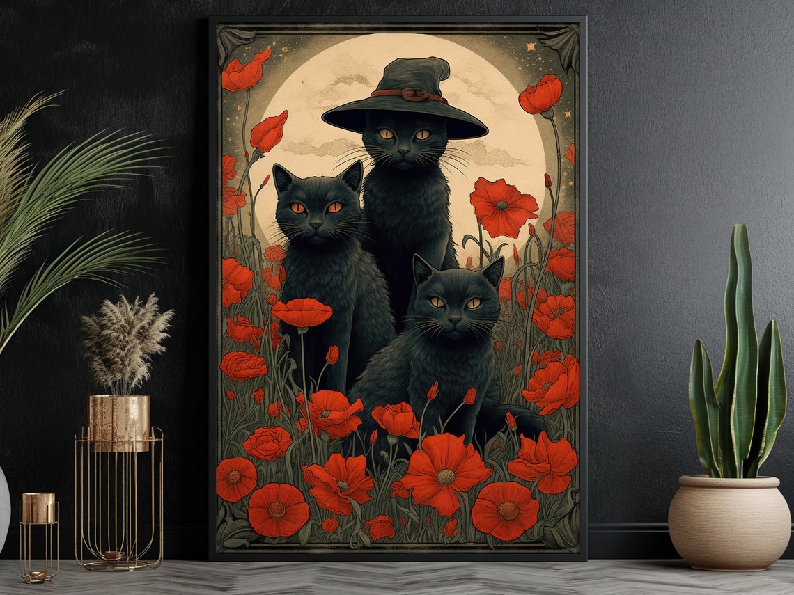 Three Black Cats In Red Poppy Field With Full Moon Halloween Poster - Image 2