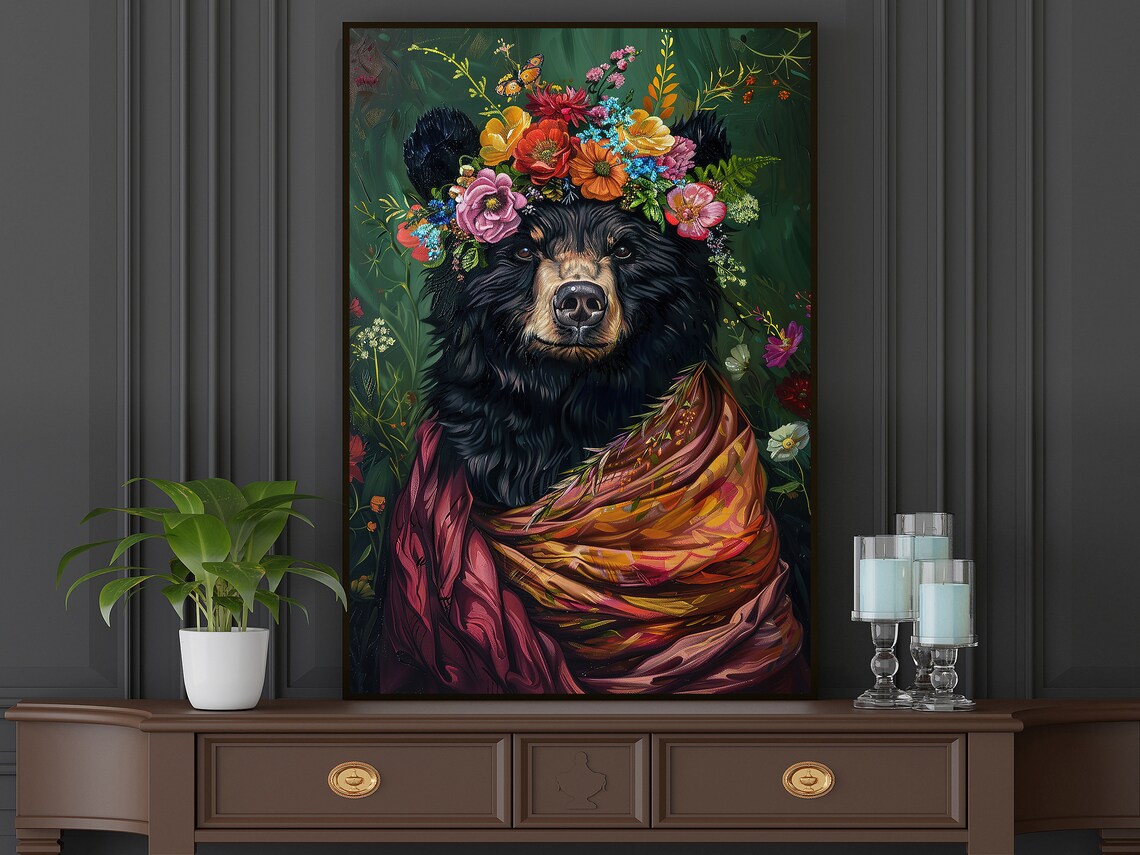 Vintage Maximalist Black Bear Floral Art Print - Image 4