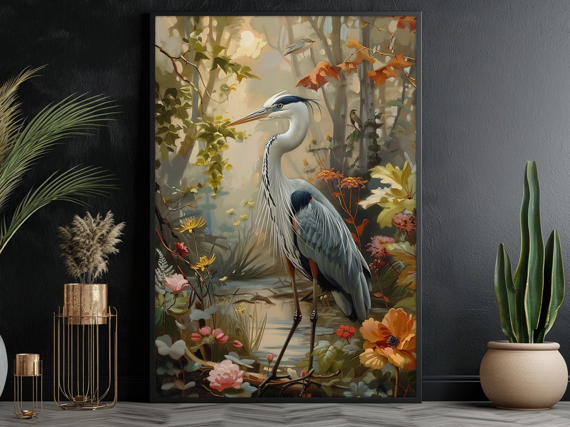 Grey Heron Standing By Forest Stream Autumn Blooms Wildlife Poster - Image 3
