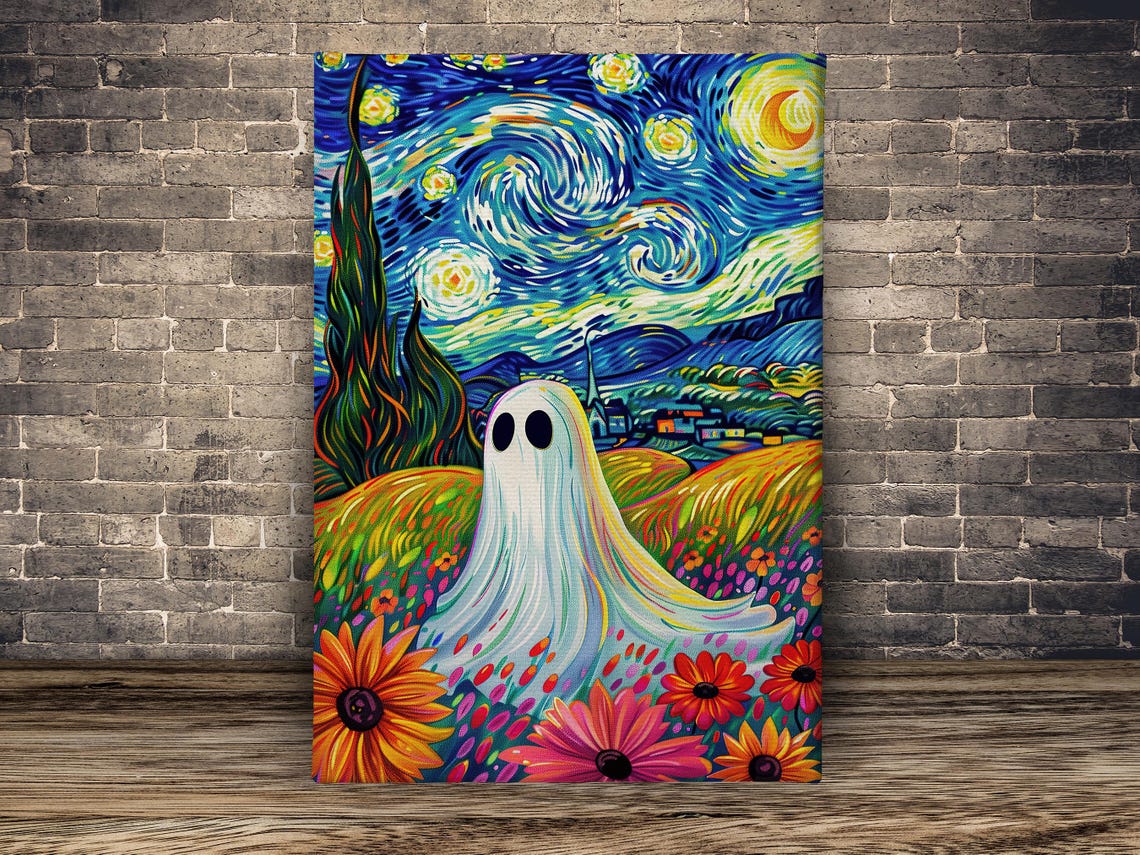 Starry Night Style Ghost in Colorful Flower Field Dreamy Art Poster - Image 2