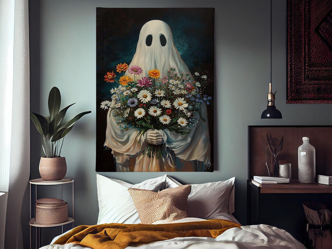Sweet Ghost Holding Big Bouquet of Wildflowers Dark Floral Art Poster - Image 3