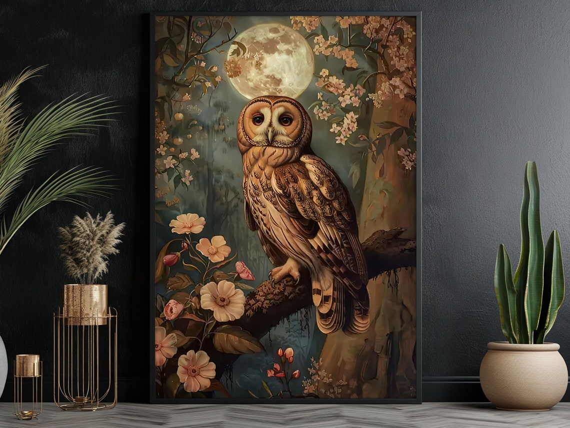 Barn Owl Moonlight Blossom Branch Dreamy Night Forest Art Poster