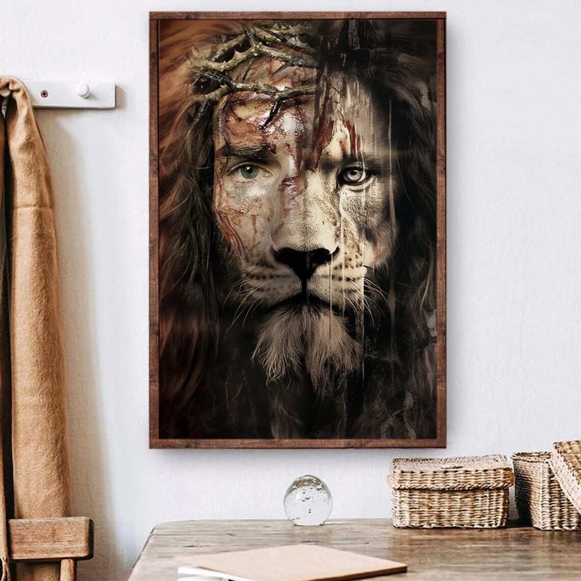 Jesus Lion Of Judah Crown Of Thorns Merged Face Christian Wall Art Poster - Image 5