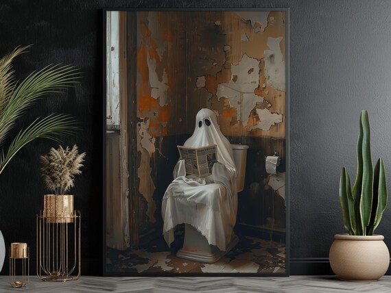 Funny Ghost Reading Newspaper on Toilet in Old Bathroom Art Poster