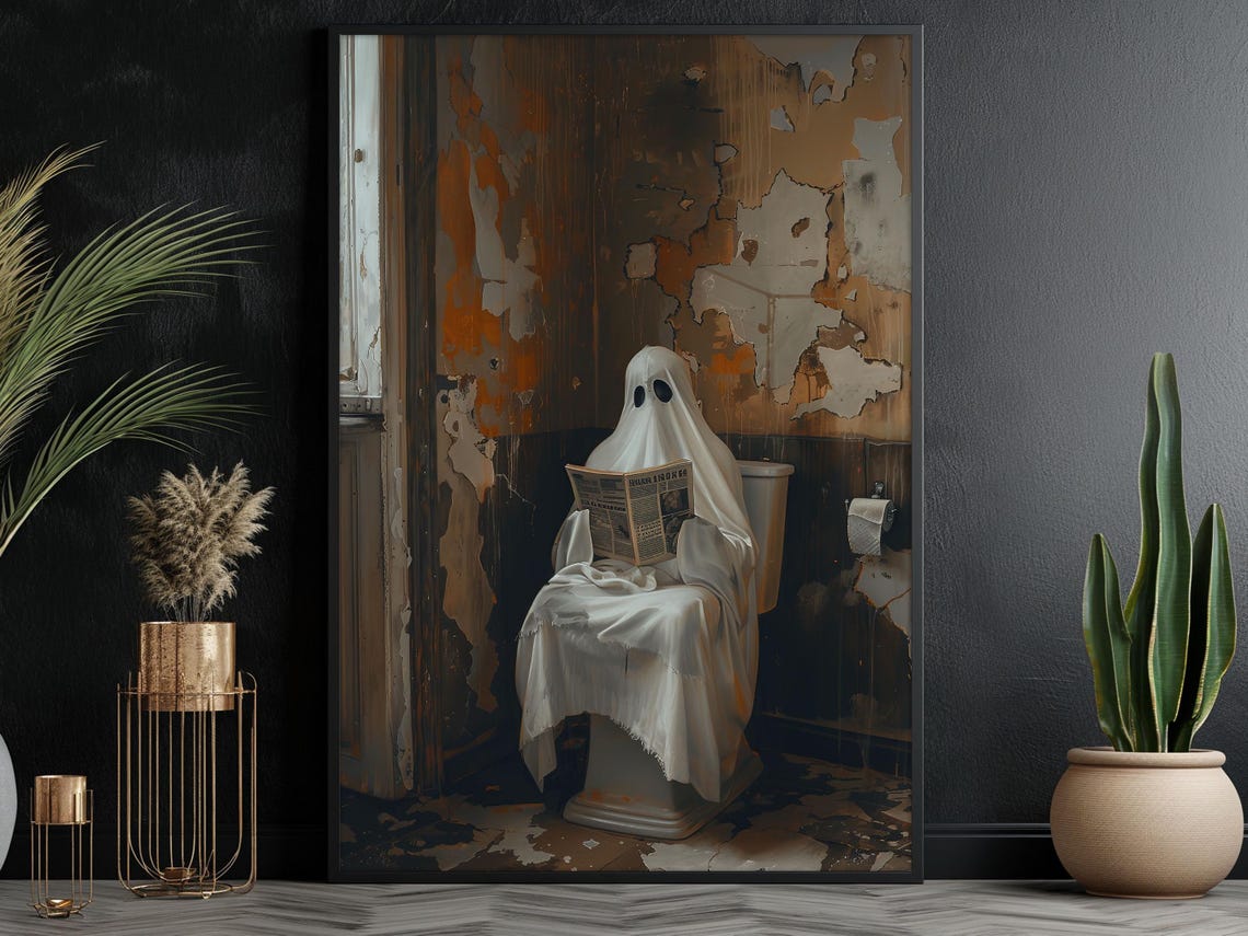 Funny Ghost Reading Newspaper on Toilet in Old Bathroom Art Poster