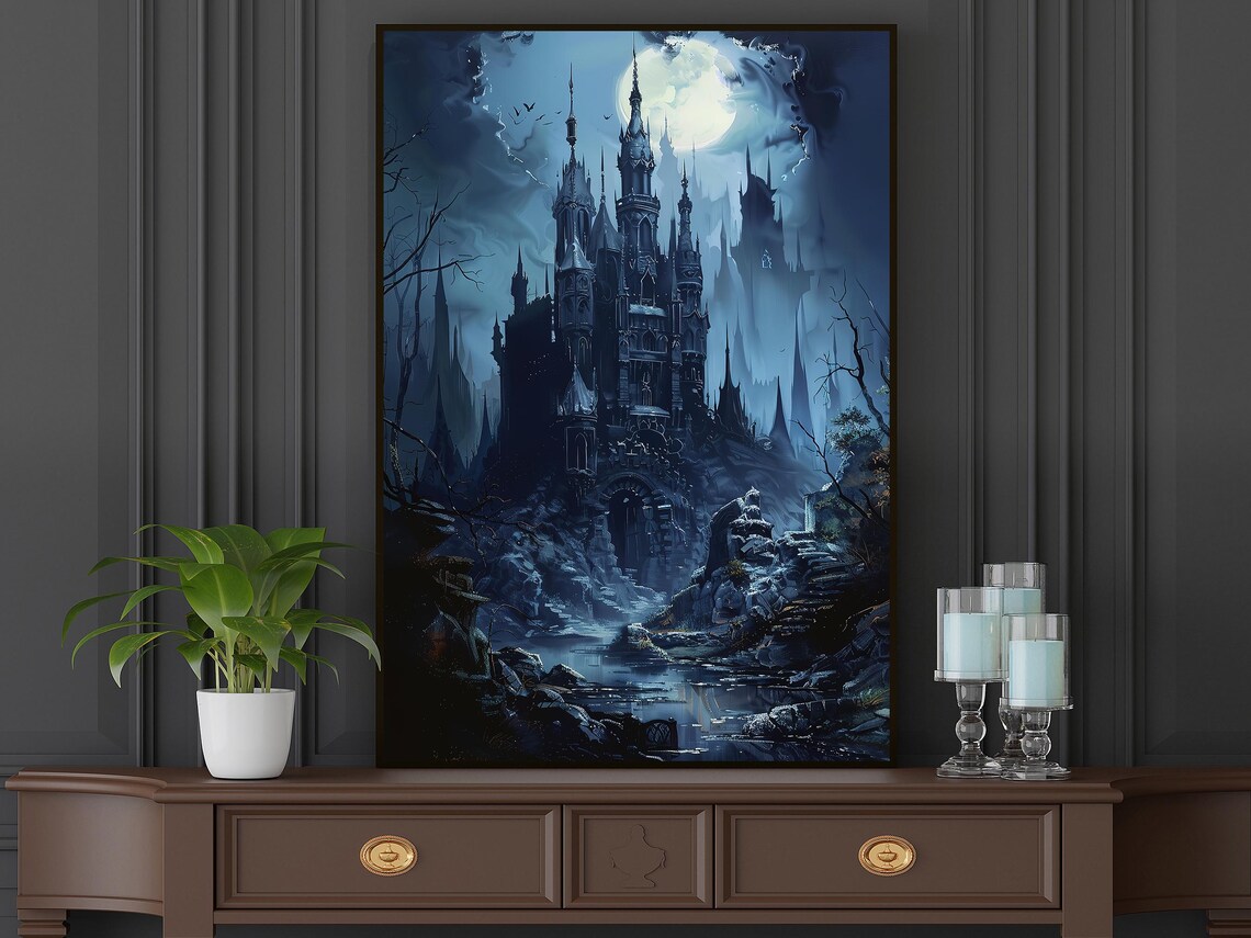 Dark Gothic Castle Under Full Moon with Bats in Misty Blue Night Poster - Image 6