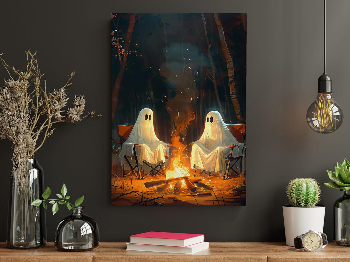 Couple Ghosts Camping Around Campfire Cute Spooky Halloween Poster - Image 4