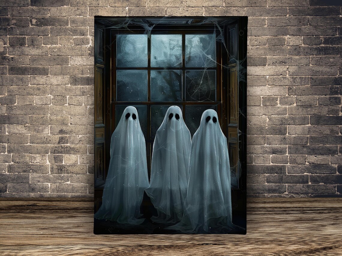 Three Ghosts by Moonlit Window with Spiderwebs Haunted Night Art Poster - Image 2