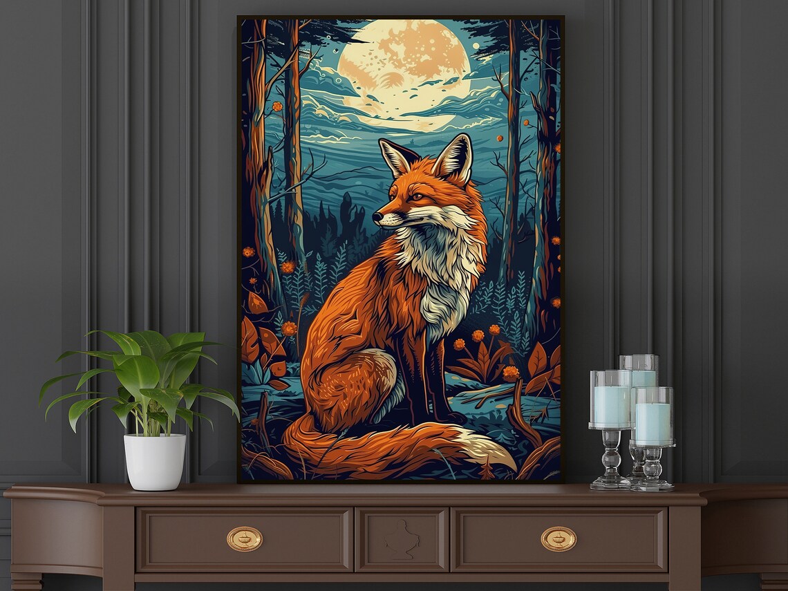 Red Fox Sitting In Moonlit Forest Full Moon Stylized Illustration Wall Poster - Image 3