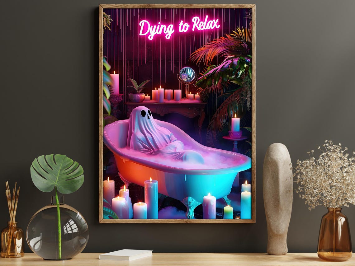 Dying to Relax Neon Ghost in Bathtub Funny Halloween Bathroom Poster - Image 6