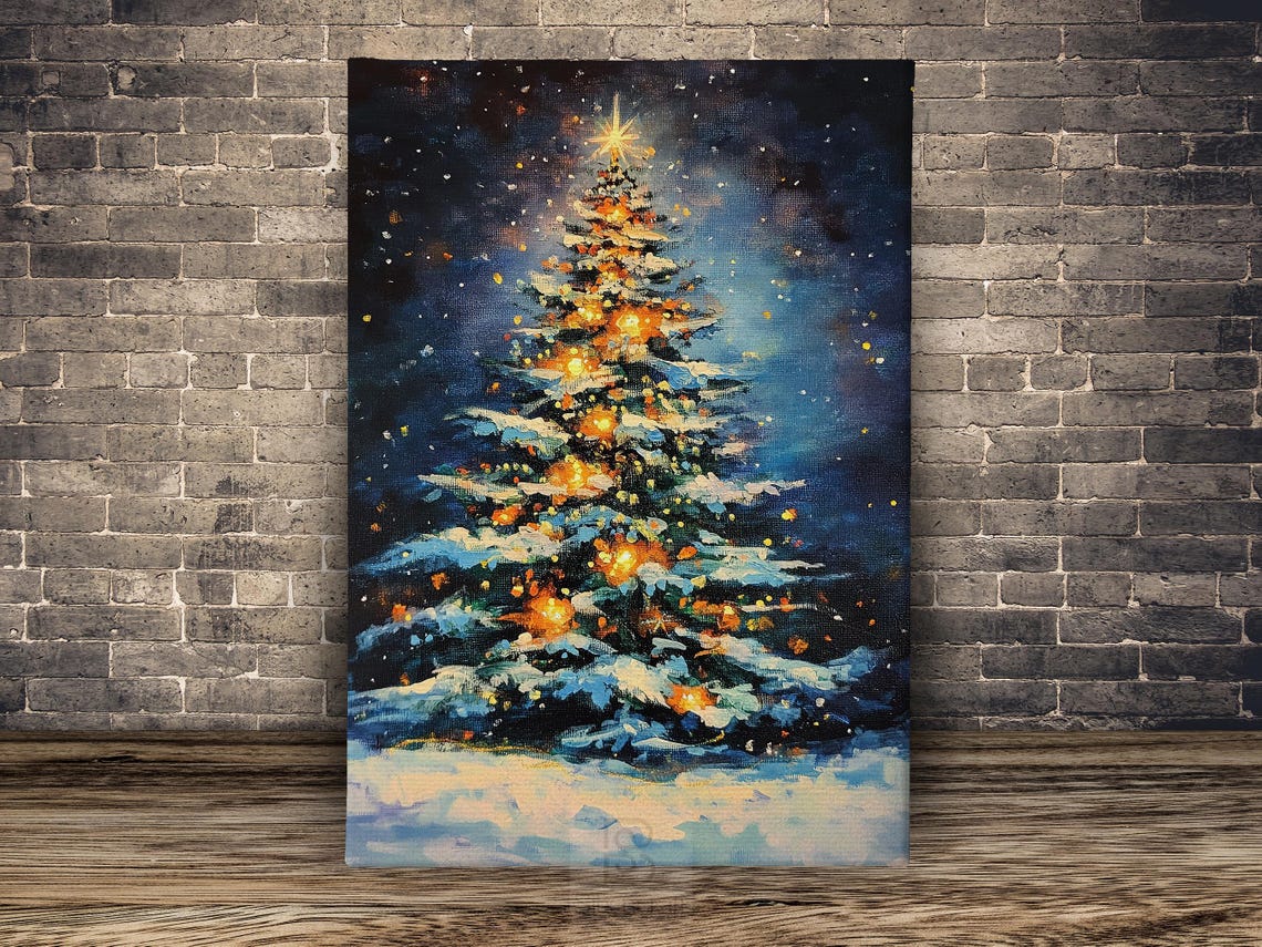 Glowing Christmas Tree With Golden Lights On Starry Snowy Night Poster - Image 2