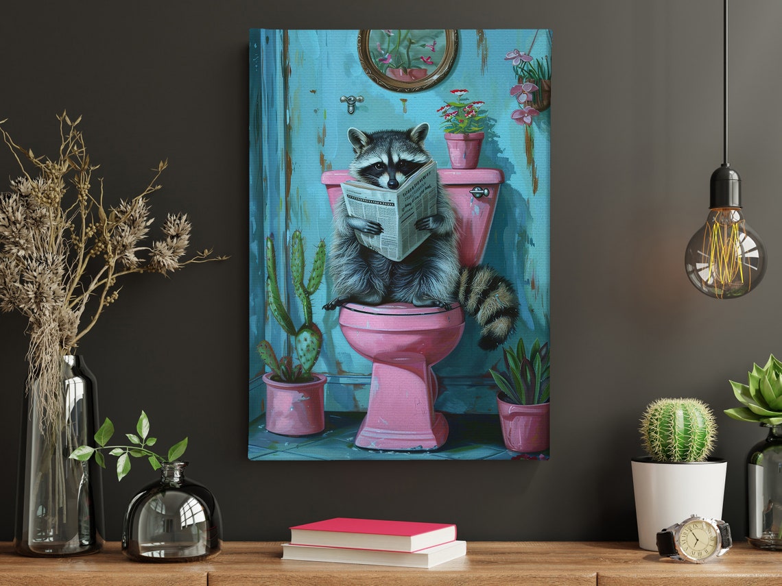 Funny Raccoon Reading Newspaper On Pink Toilet Bathroom Wall Poster - Image 5