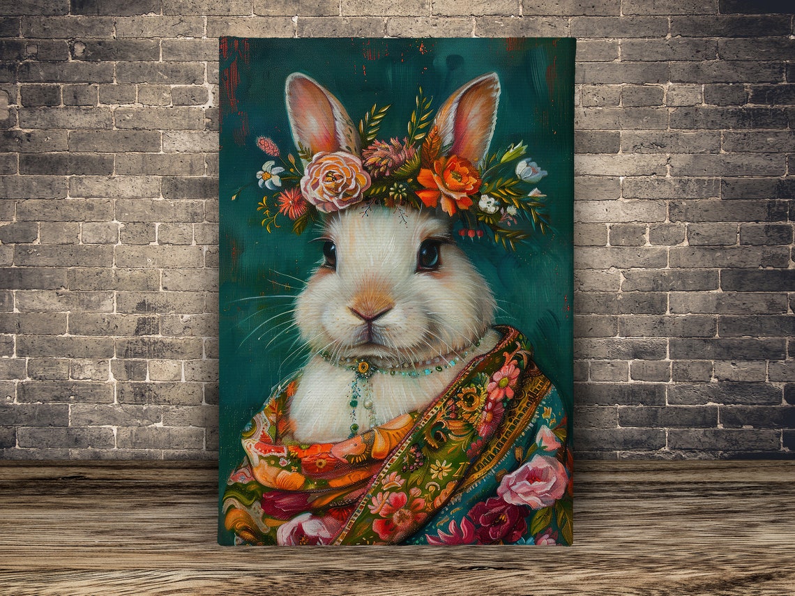 White Rabbit Flower Crown Floral Shawl Maximalist Animal Poster - Image 2