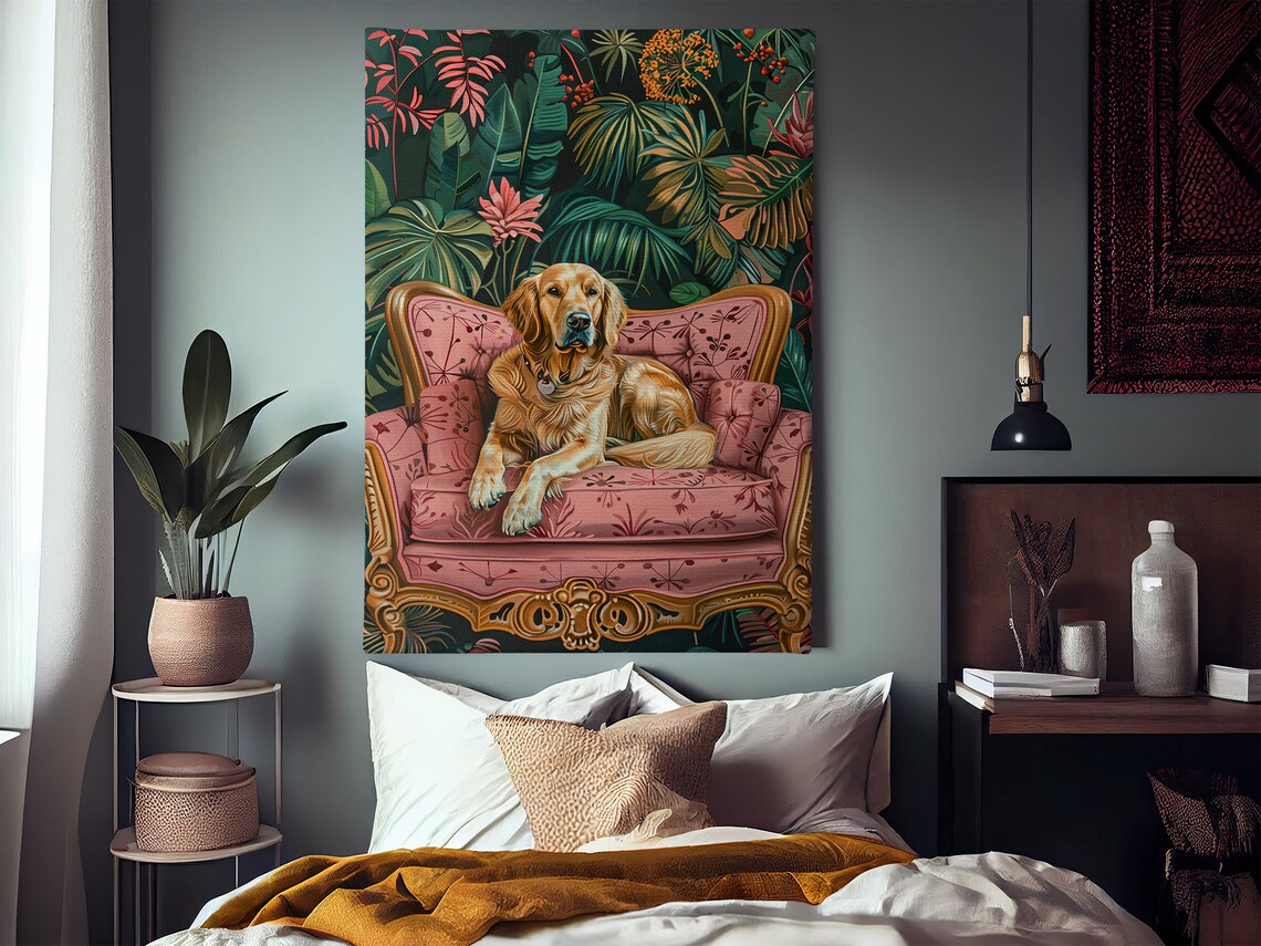 Golden Retriever Pink Velvet Sofa Tropical Jungle Dog Art Poster - Image 3