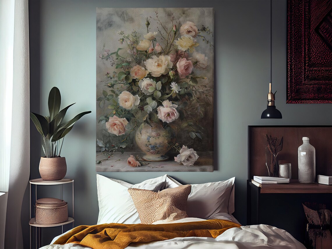 Pale Pink Roses Bouquet Vintage Porcelain Vase Soft Floral Art Poster - Image 2