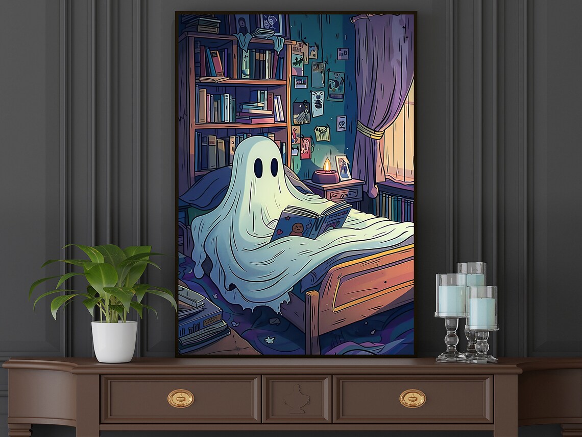 Cute Ghost Reading Book Cozy Bedroom Night Cartoon Halloween Art Poster - Image 5