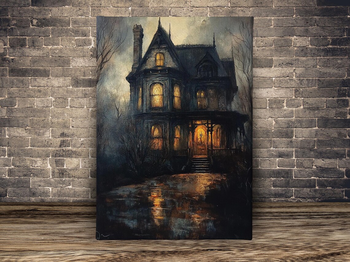 Victorian Haunted Mansion Night Glowing Amber Windows Misty Water Reflection Poster - Image 2