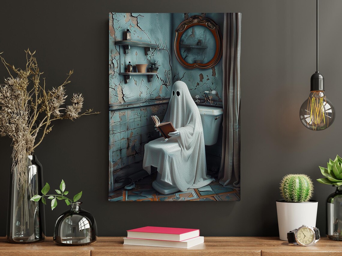 Vintage Ghost Reading Book on Toilet in Shabby Bathroom Funny Poster - Image 3
