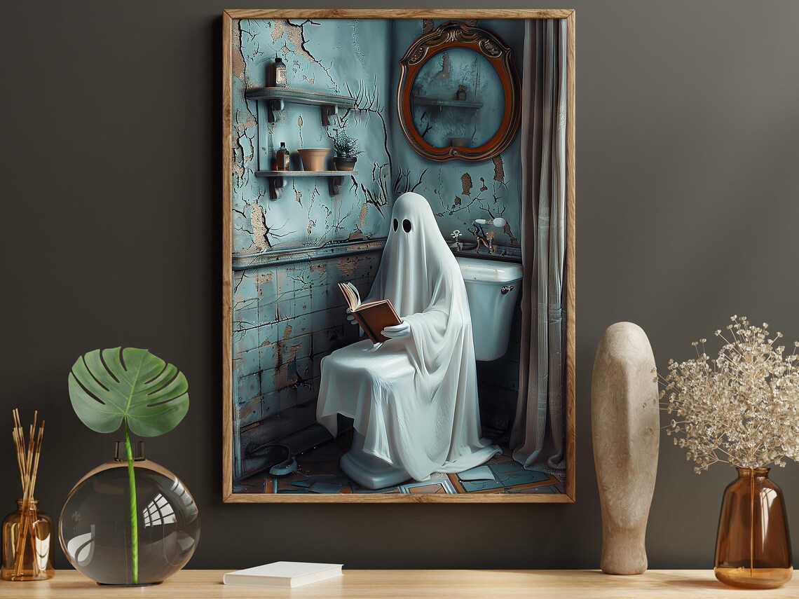 Vintage Ghost Reading Book on Toilet in Shabby Bathroom Funny Poster - Image 6