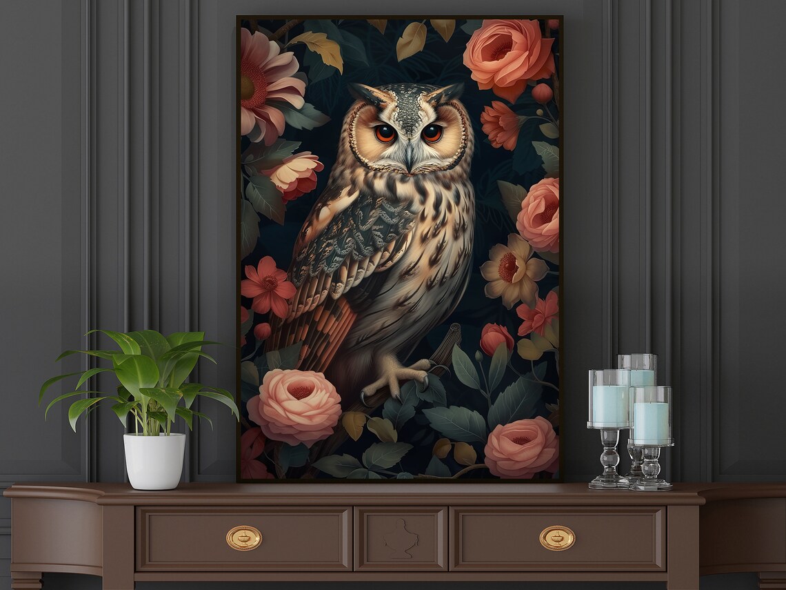 Vintage Floral Owl Gothic Wall Art Poster Print - Image 4