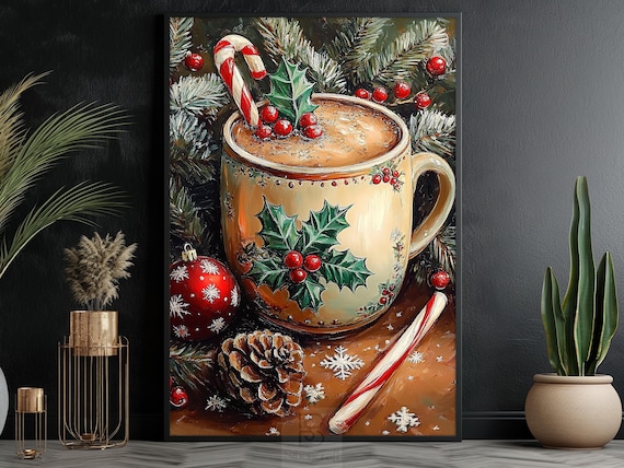 Vintage Xmas Coffee Cup Art Print, Holiday Decor