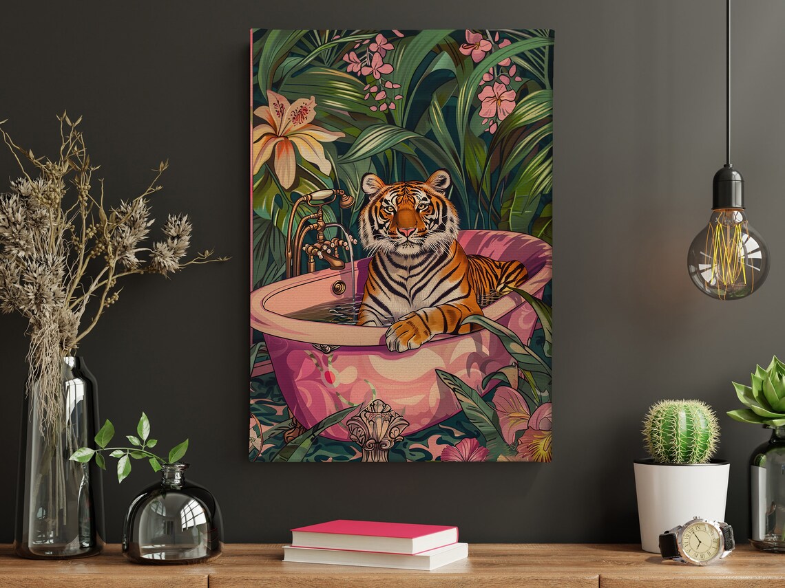 Tropical Tiger In Pink Bathtub Jungle Floral Art Maximalist Poster - Image 4