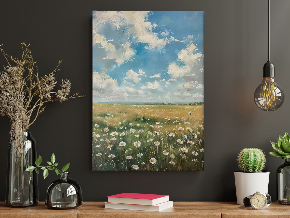 Daisy Field Under Bright Blue Sky With Clouds Spring Meadow Art Poster - Image 4