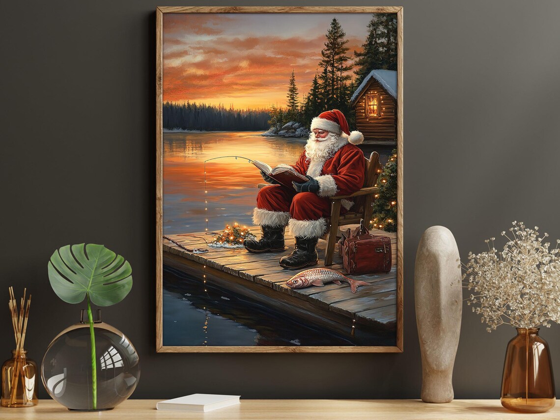 Vintage Santa Reading And Fishing Christmas Art Print
