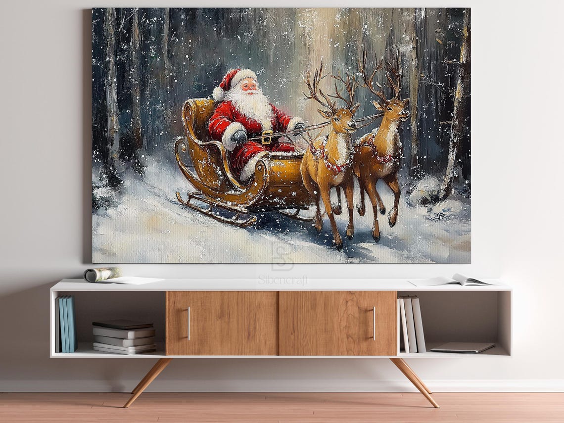 Vintage Santas Sleigh Painting Warm Santa Season Cottage Santa Claus Poster Print Christmas Wall Art Cozy Christmas Decor - Image 3