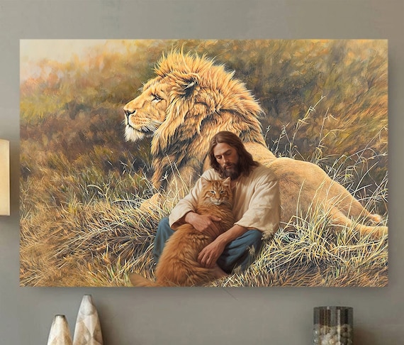 Jesus Holding Cat With Lion In Golden Meadow Peaceful Christian Art Poster