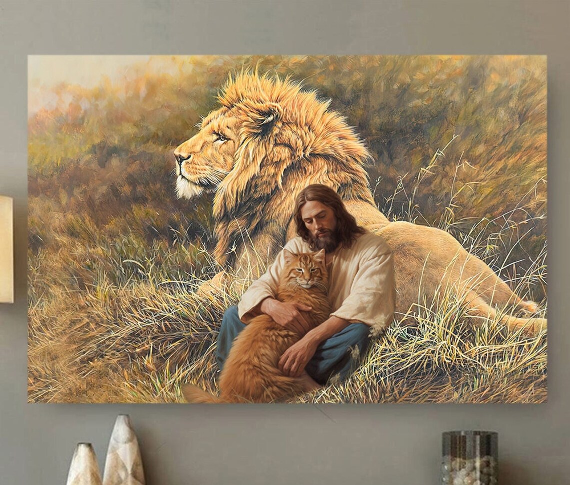 Jesus Holding Cat With Lion In Golden Meadow Peaceful Christian Art Poster