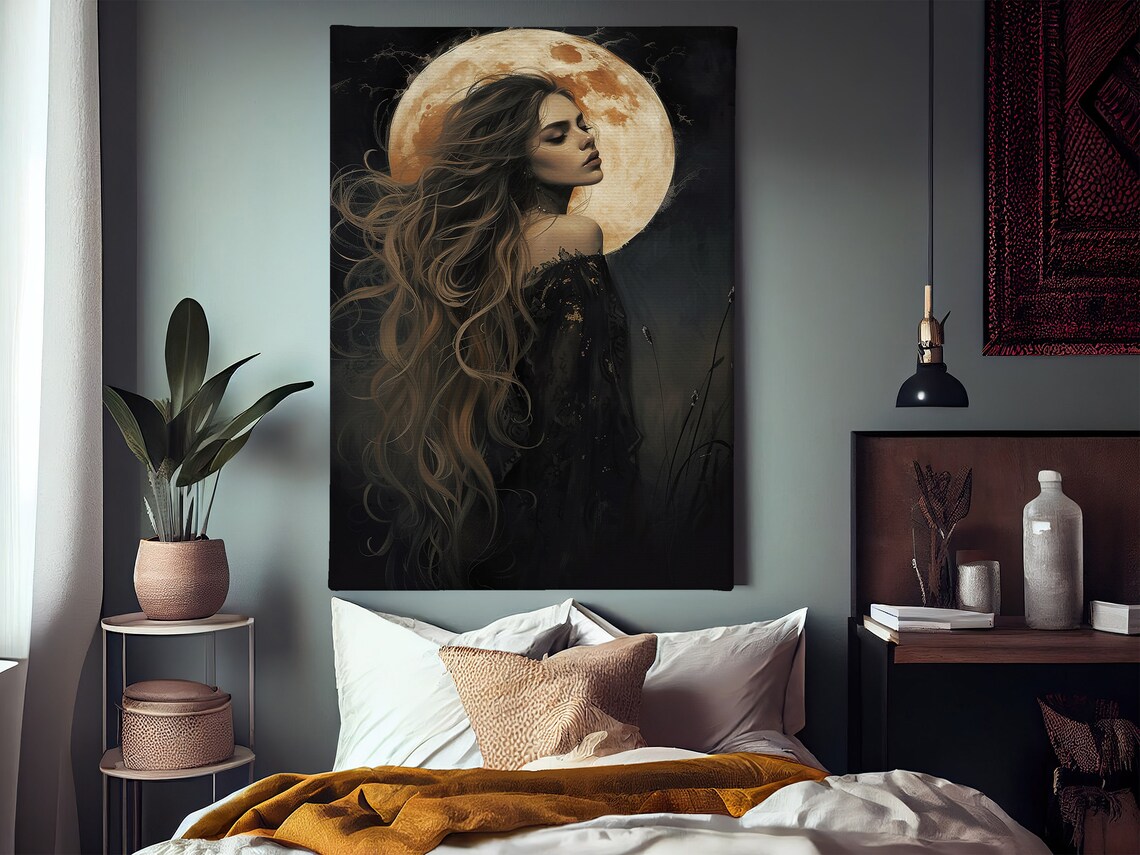 Dark Beauty Before Giant Full Moon Night Fantasy Woman Art Poster - Image 3