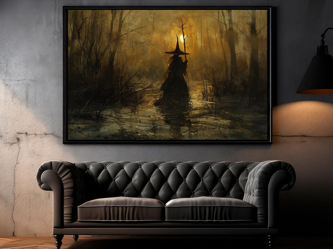 Dark Witch Wading Through Moonlit Creek in Haunted Forest Art Poster - Image 6